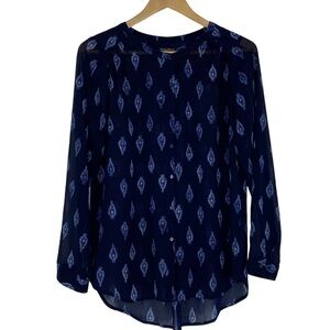 Lucky Brand Indigo Navy Blue Paisley Print BOHO LS Sheer Button Up Blouse Top, M
